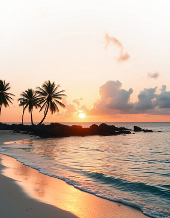 Palm trees on the beach at sunset. Beautiful tropical landscape.の写真素材