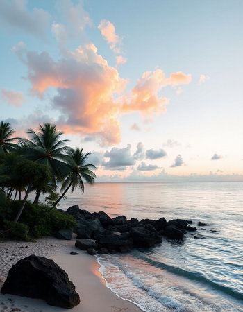 Tropical beach with coconut palm trees at beautiful sunset. Nature backgroundの写真素材