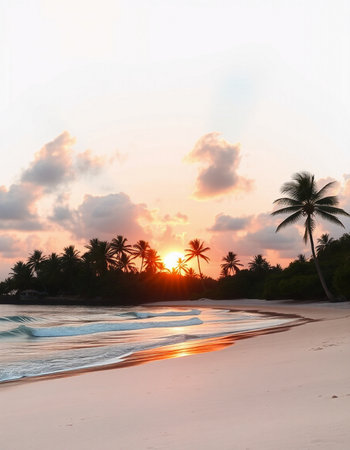 Beautiful tropical beach with coconut palm tree and sand at sunset time