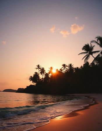 Tropical beach with palm trees at sunset, Seychelles