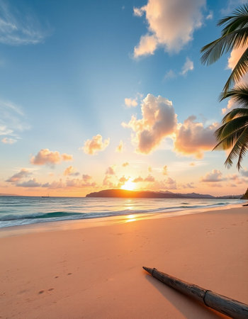 Beautiful tropical beach and sea with coconut palm tree at sunset time - Holiday Vacation concept