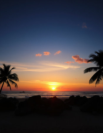 Beautiful sunset at the beach with palm trees and rocks on the foreground