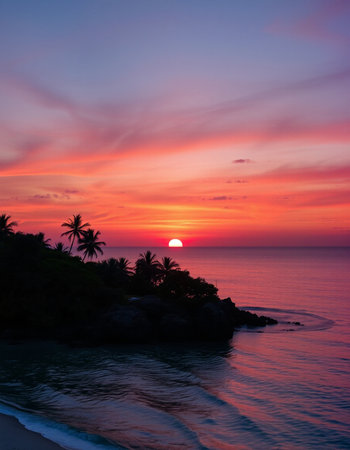 Beautiful sunset on the beach in the tropics. Tropical landscape.の写真素材