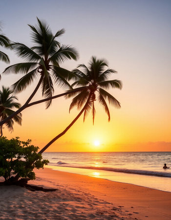 Beautiful tropical beach with coconut palm tree at sunset - Holiday Vacation conceptの写真素材