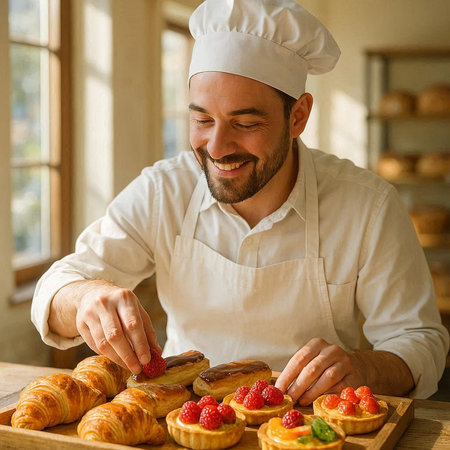 Portrait of a smiling male pastry chef decorating cakes in a bakery