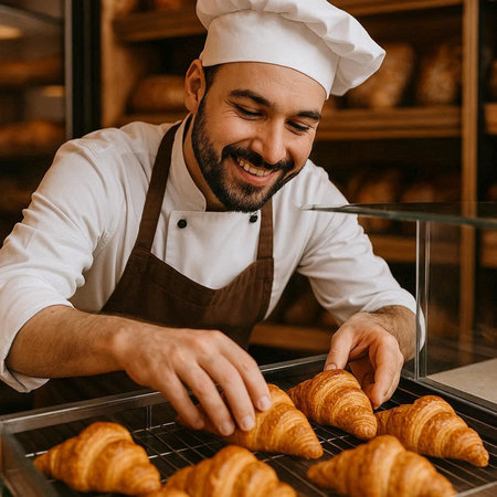 smiling male baker in apron making croissants in bakery