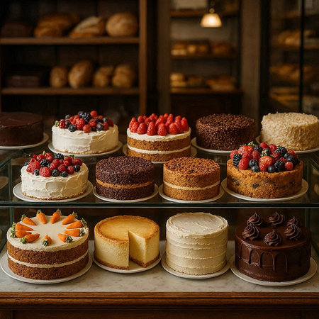 different types of cakes on a shelf in a bakery shop, vertical