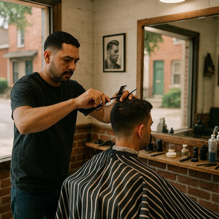 Barber cuts the hair of a man in a barbershop