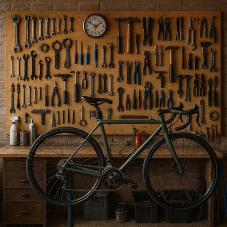 Bicycle and tools on a shelf in a workshop. Dark background.