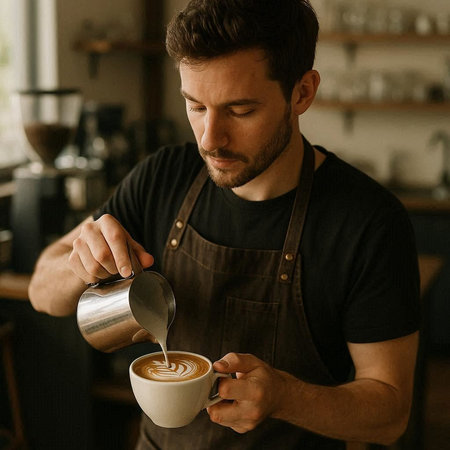 Barista pouring milk into a cup of cappuccino.