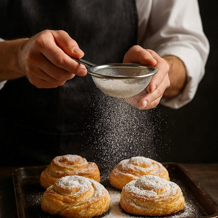 Male hands sprinkling sugar powder on cinnamon buns on baking sheet