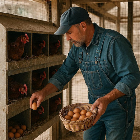 Farmer holding a basket of eggs in the chicken coop.