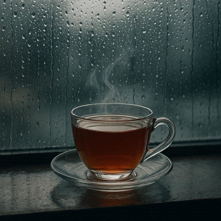 Cup of tea on the windowsill with raindrops on the background