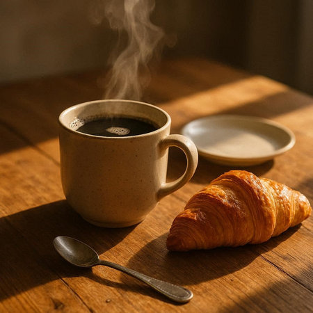 Cup of coffee and croissant on wooden table in sunlight
