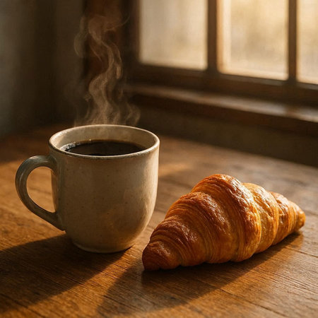 Cup of coffee and croissant on wooden table near window