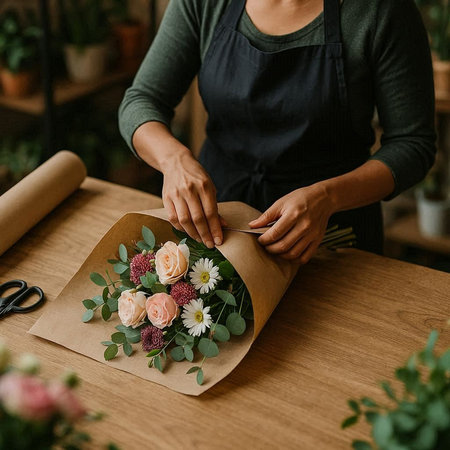 Female florist making beautiful bouquet in her flower shop.