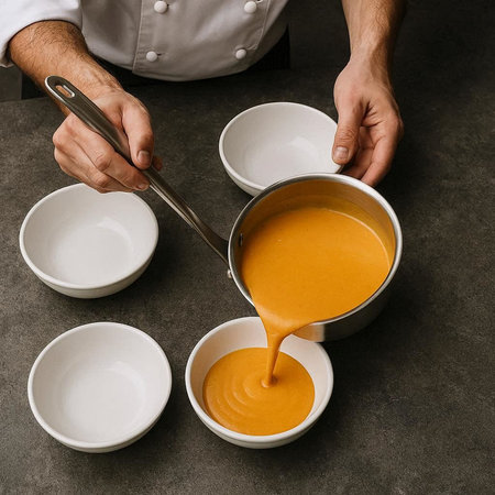 Chef preparing pumpkin puree in the kitchen, close-up