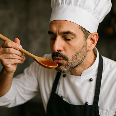 Portrait of a male chef with a spoon in his hand.