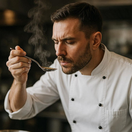 Portrait of handsome bearded male chef in white uniform holding spoon and looking away while standing in cafe
