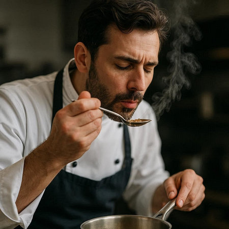 Portrait of a bearded male chef in a white apron in a restaurant