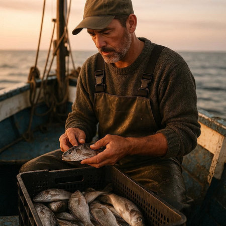 Fisherman holding freshly caught fish on a fishing boat at sunset