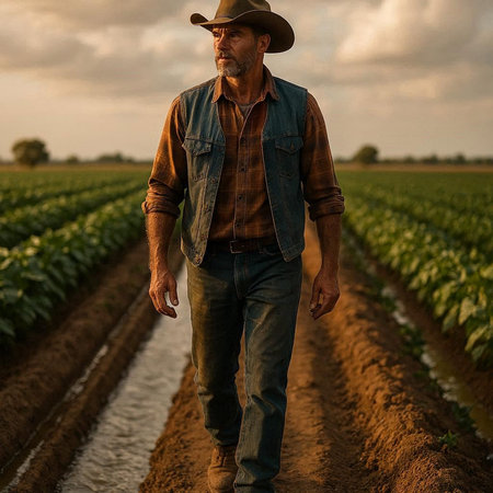 Farmer standing in a field of sunflowers at sunset.