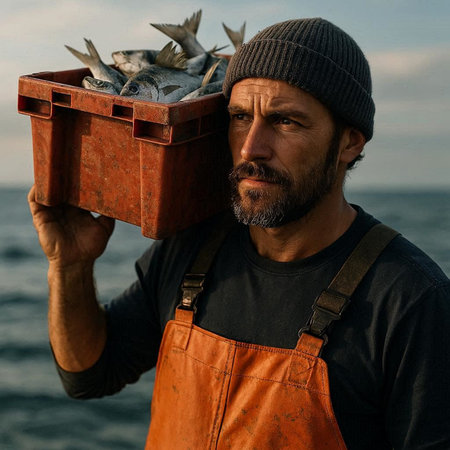 Fisherman with a bucket of fish on the background of the sea