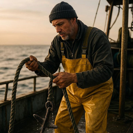 Fishermanof fishing trawler at sunset.