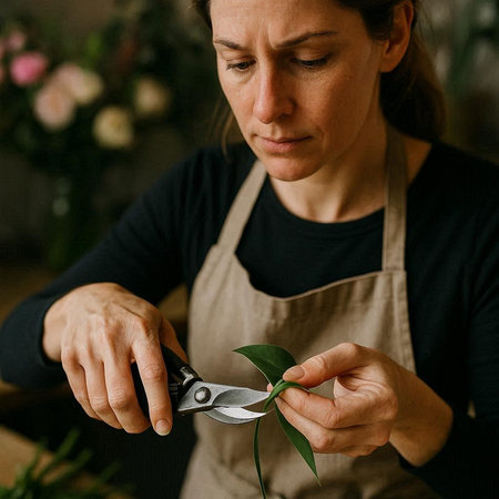 Florist cuts a plant with scissors in a flower shop. Close-up.