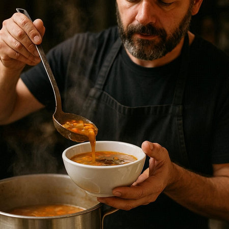 Close up of a caucasian man preparing soup in the kitchen