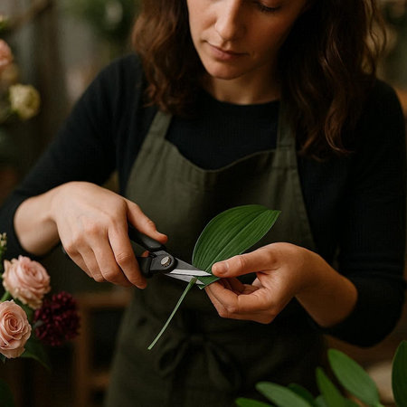 Female florist cutting green leaves with scissors in flower shop.