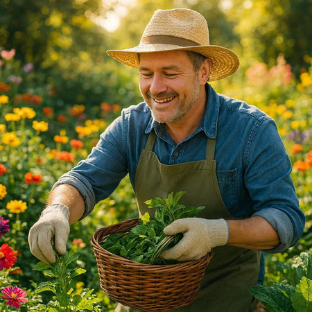 Mature farmer with a basket of parsley in the garden.