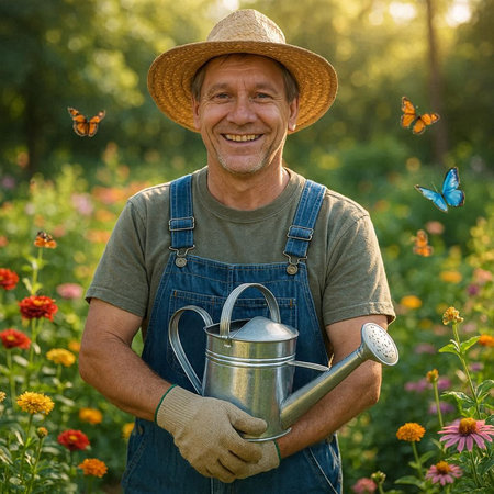Portrait of smiling senior man watering flowers in the garden at sunset