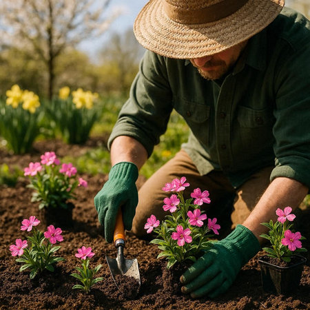 Gardener planting flowers in the spring garden. Gardening concept.
