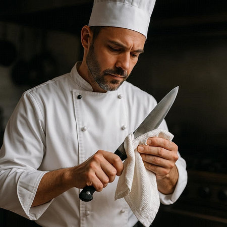 Portrait of a mature male chef holding a knife in his hand.