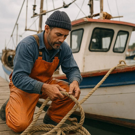 Portrait of a seaman in an orange shirt and a cap on the background of a fishing boat.