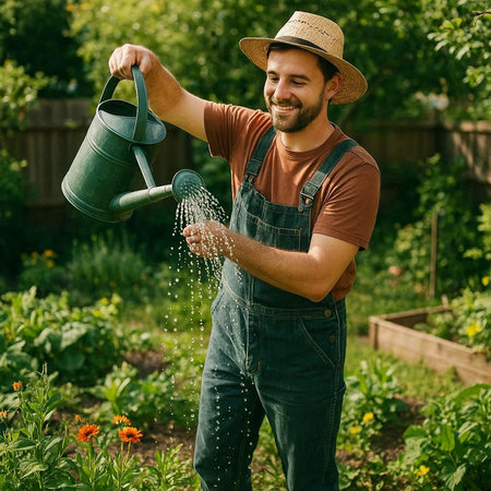 Portrait of a smiling farmer watering the plants in the garden.