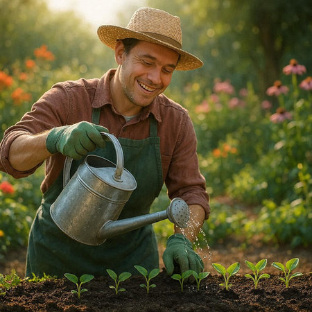 Portrait of a smiling senior man watering plants in the garden.