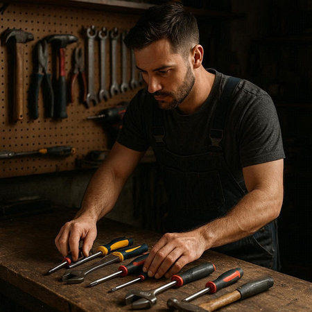 Handsome caucasian craftsman in black overalls working in his workshop.