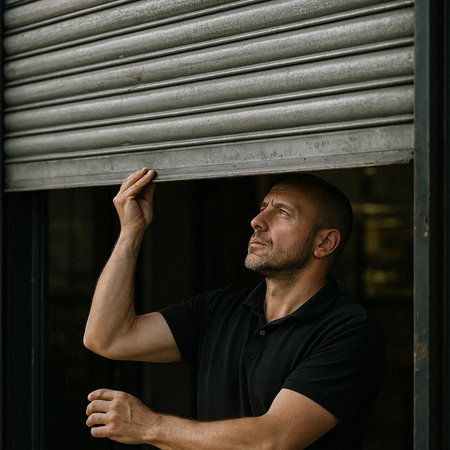 A man in a black T-shirt looks out the window.