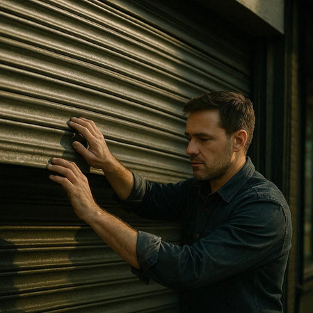 Portrait of a young man in a blue shirt and jeans, leaning on a roller shutter.