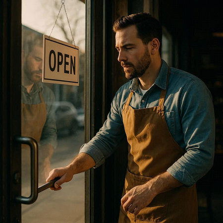 portrait of handsome bearded man in apron looking at open sign in cafe