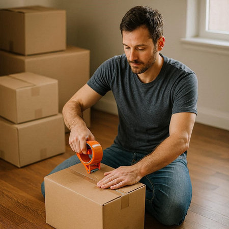 Man packing a cardboard box in his new home. Young man moving into a new apartment.