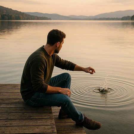 Man sitting on a pier and drinking water from a lake at sunset
