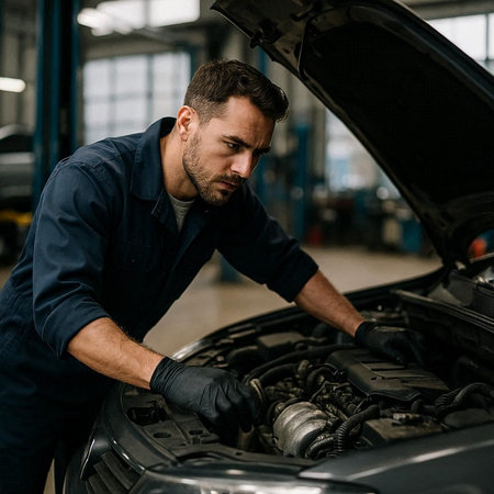 handsome auto mechanic in uniform working with car engine in auto repair shop