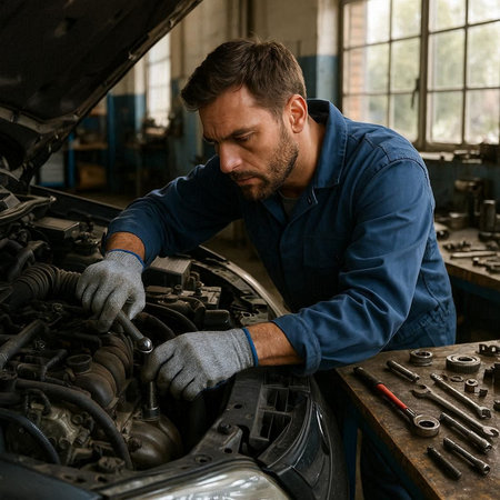 Portrait of a handsome mechanic working in a car repair shop.
