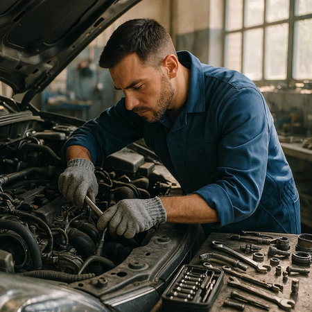 Car mechanic working in auto repair shop. Handsome bearded man in blue uniform repairing car.