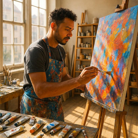 Male artist painting a picture on canvas with oil paints in his studio