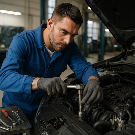 Auto mechanic working in auto repair service. Handsome young Caucasian man in uniform repairing car at workshop.