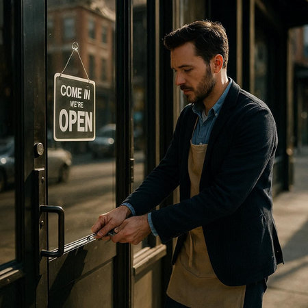young caucasian man in a blue jacket and apron standing at the door of an old building and holding a sign that says open